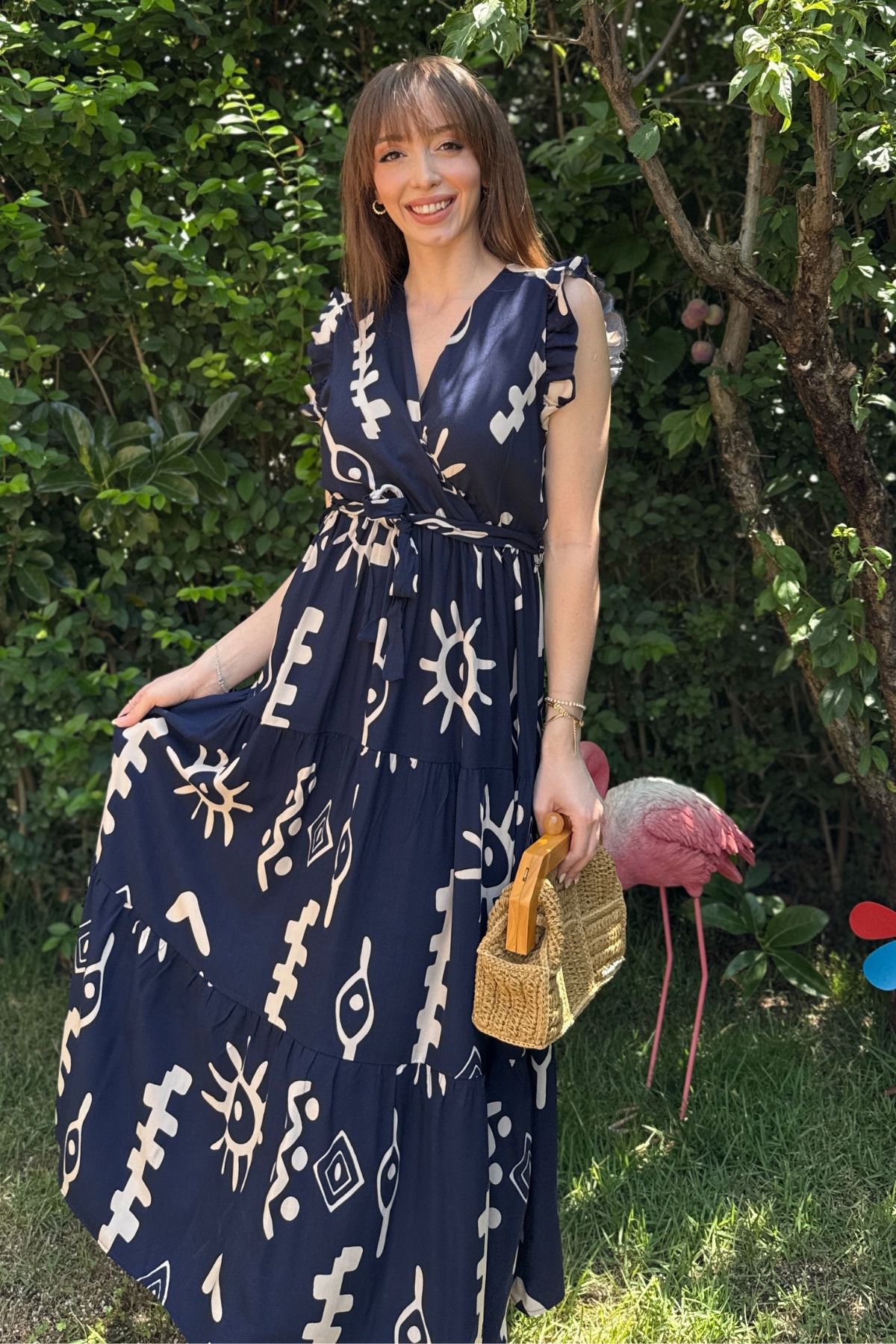 Kruvaze Desenli Midi Elbise