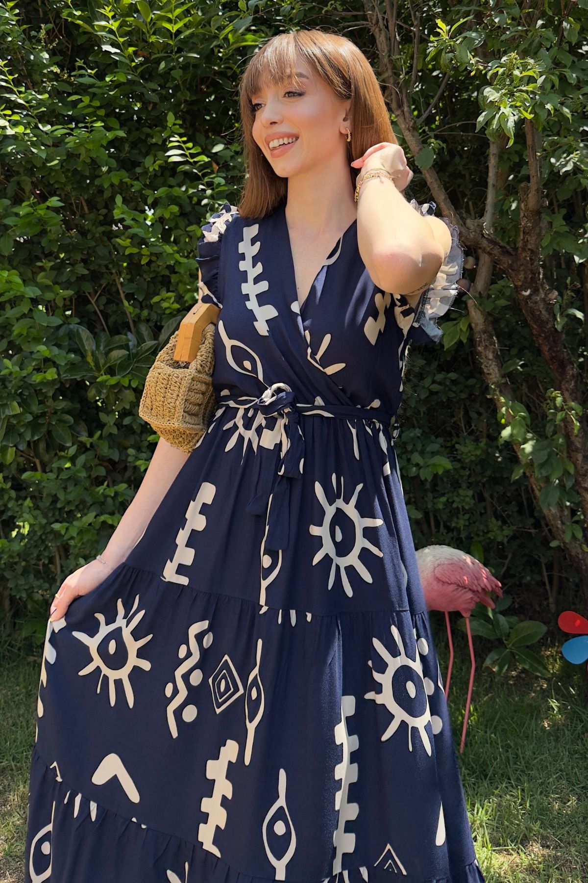 Kruvaze Desenli Midi Elbise