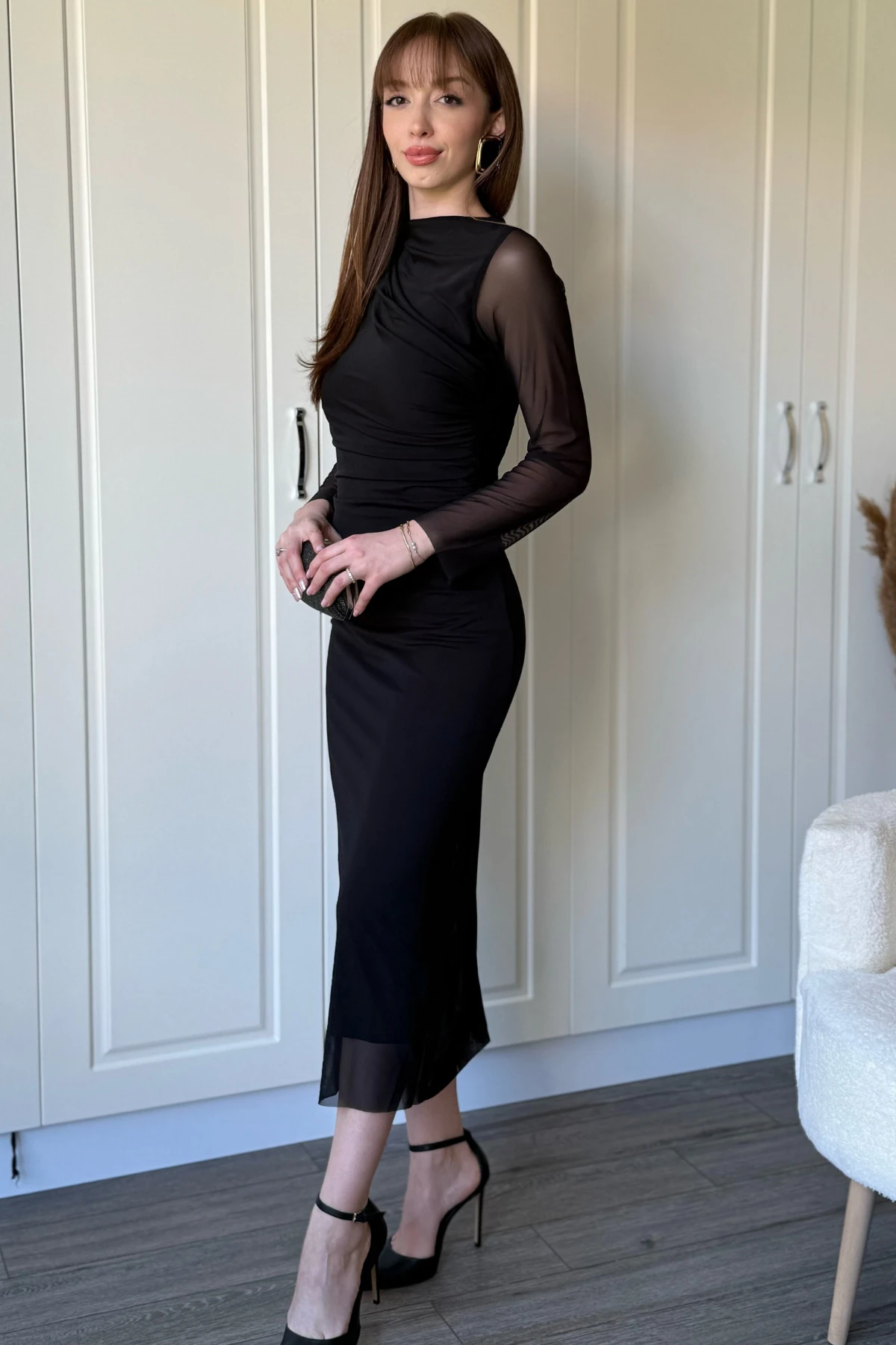 Drapeli Uzun Kollu Siyah Tül Elbise