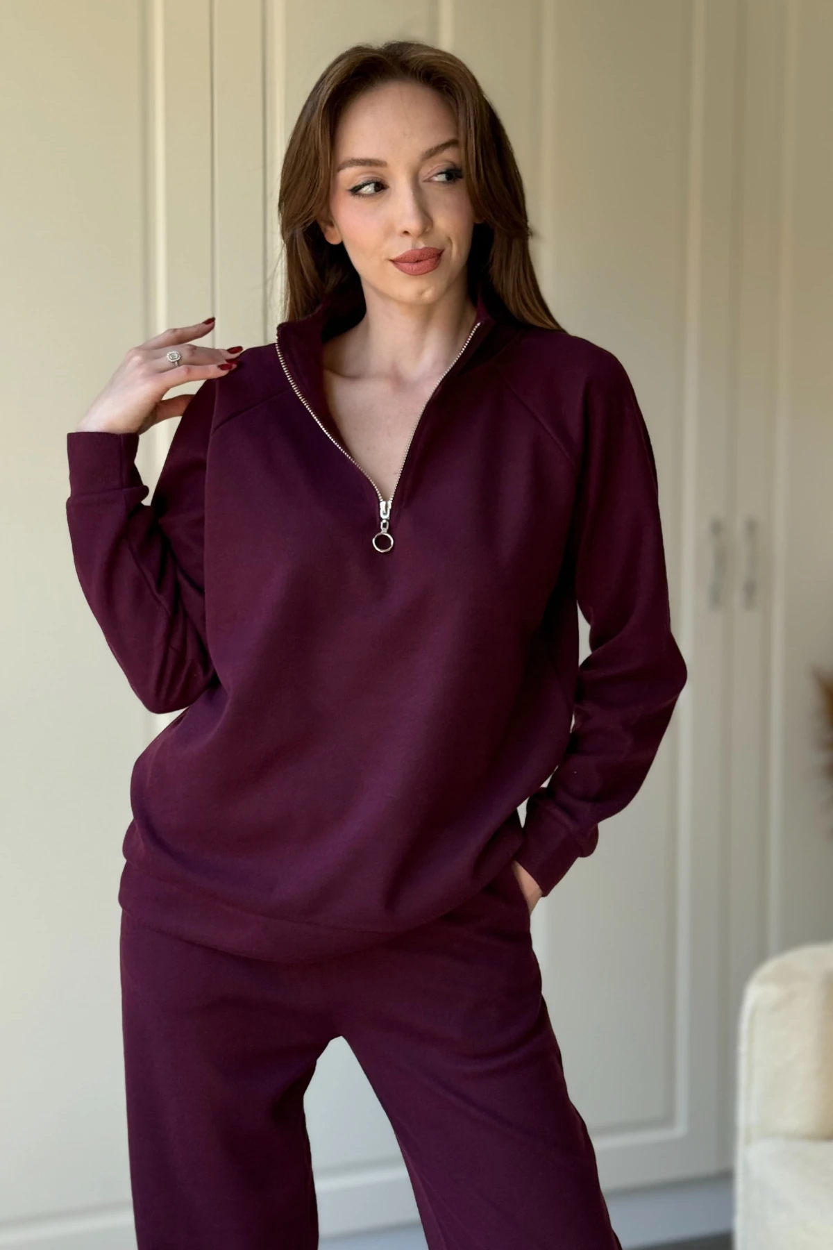 Fermuarlı Dik Yaka Selanik Kumaş Sweatshirt Takım