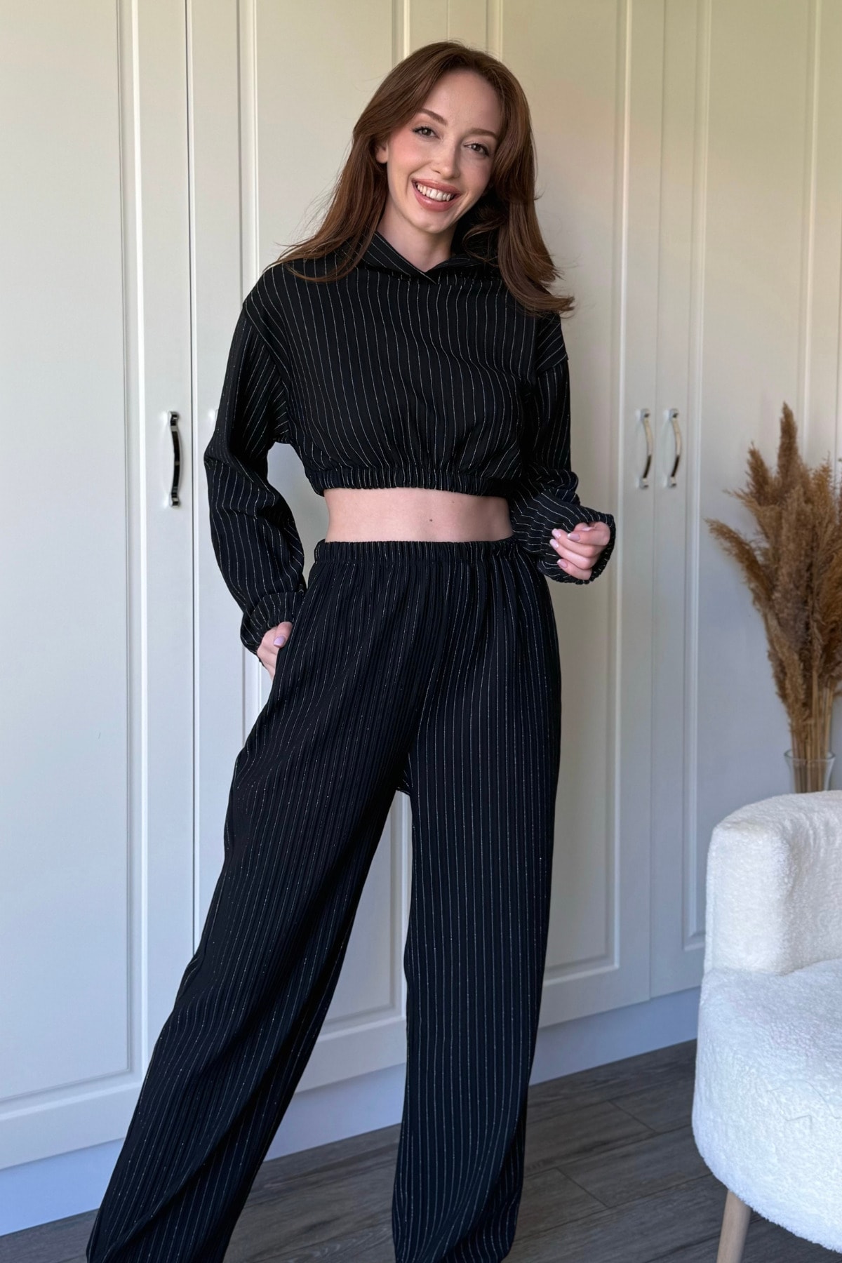 Çizgili Simli Sweatshirt Siyah Takım