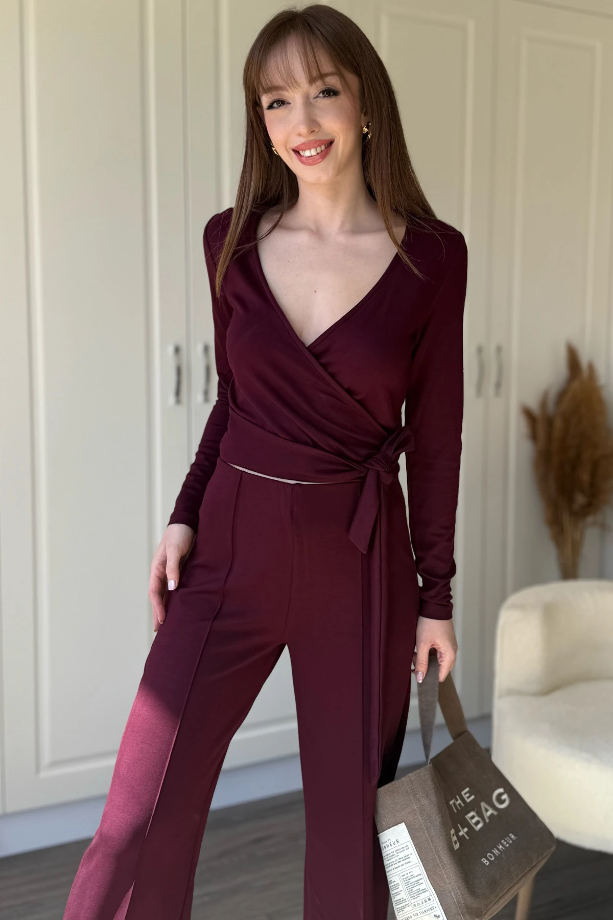 Modal Kumaş Bel Bağlamalı Alt Üst Bordo Takım