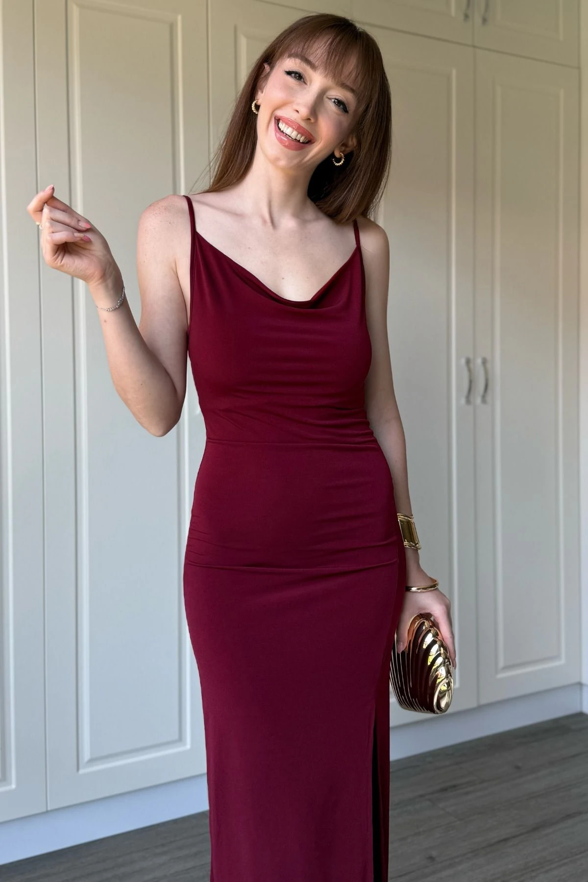 Sandy Kumaş Degaje Yaka  Uzun Elbise