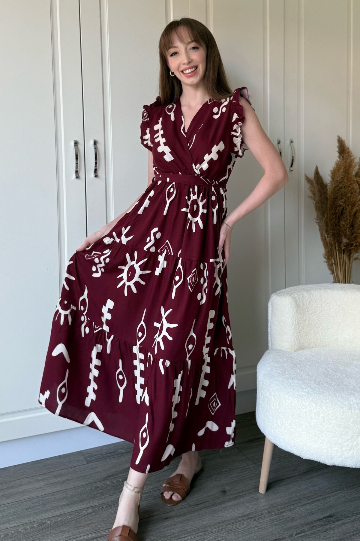 Kruvaze Bordo Desenli Midi Elbise