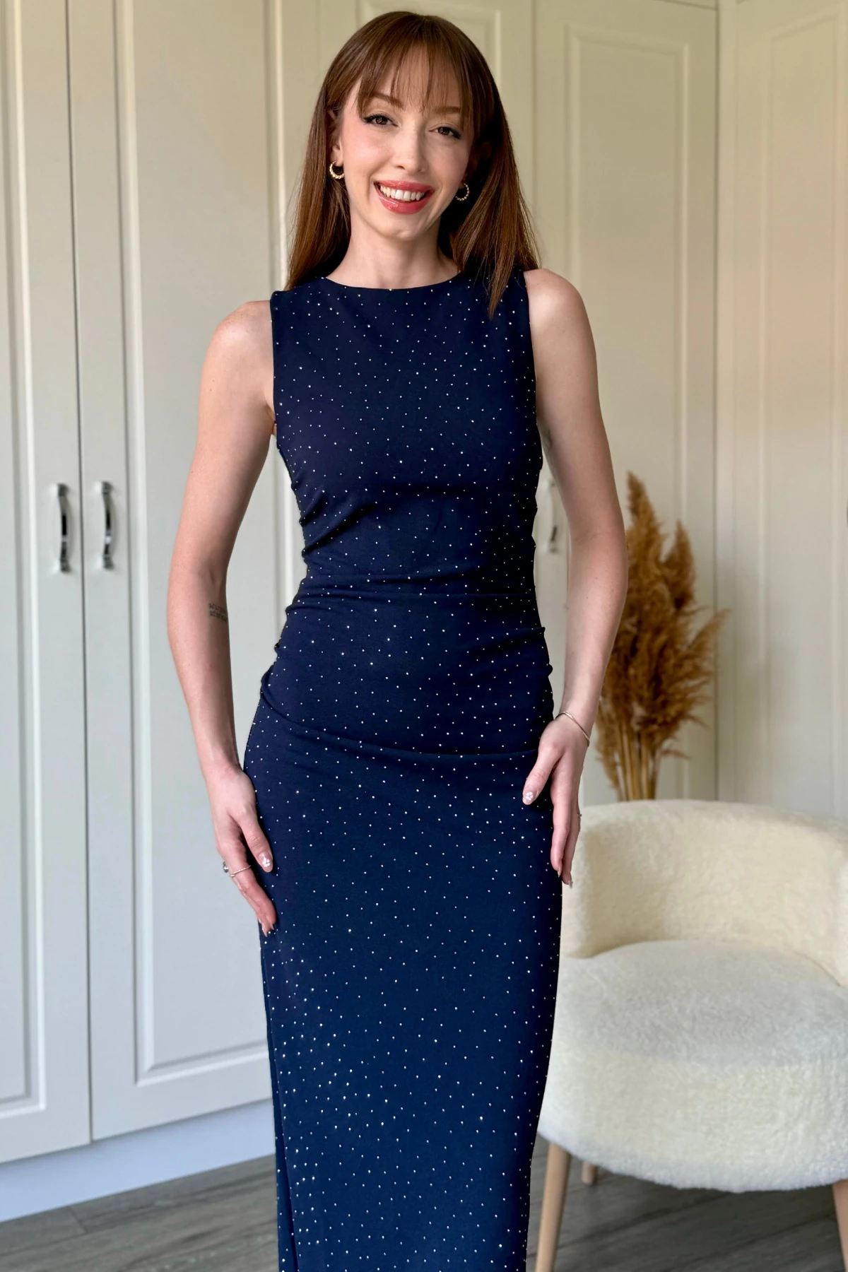 Drapeli Taşlı Midi Lacivert Elbise