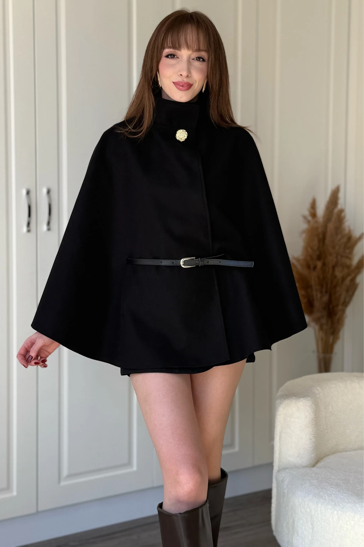 Kemeri Çıkarılabilir Gold Düğmeli Kaşe Panço