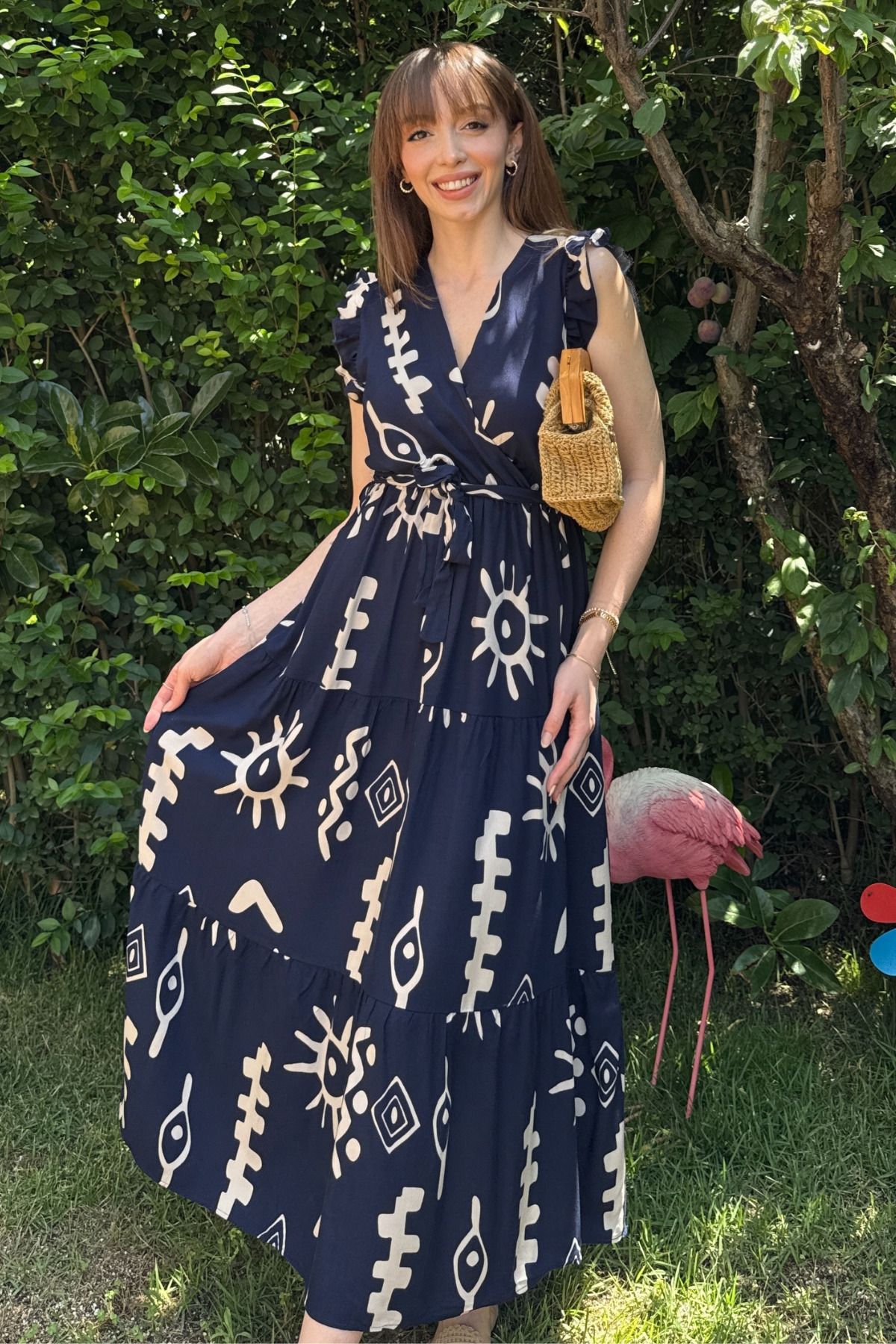 Kruvaze Desenli Midi Elbise