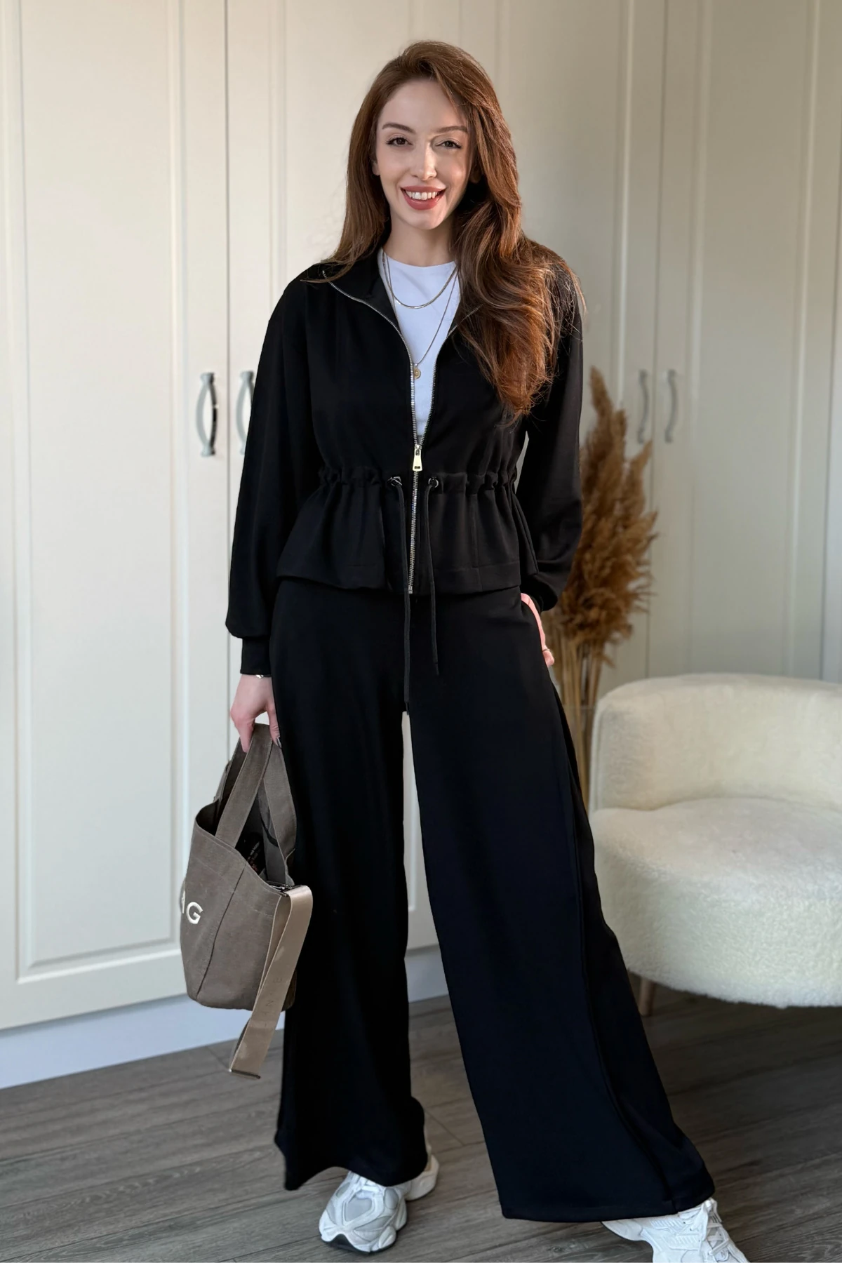 Modal Kumaş Bol Paça Bel Büzgü Detaylı Hırka Pantolon Takım