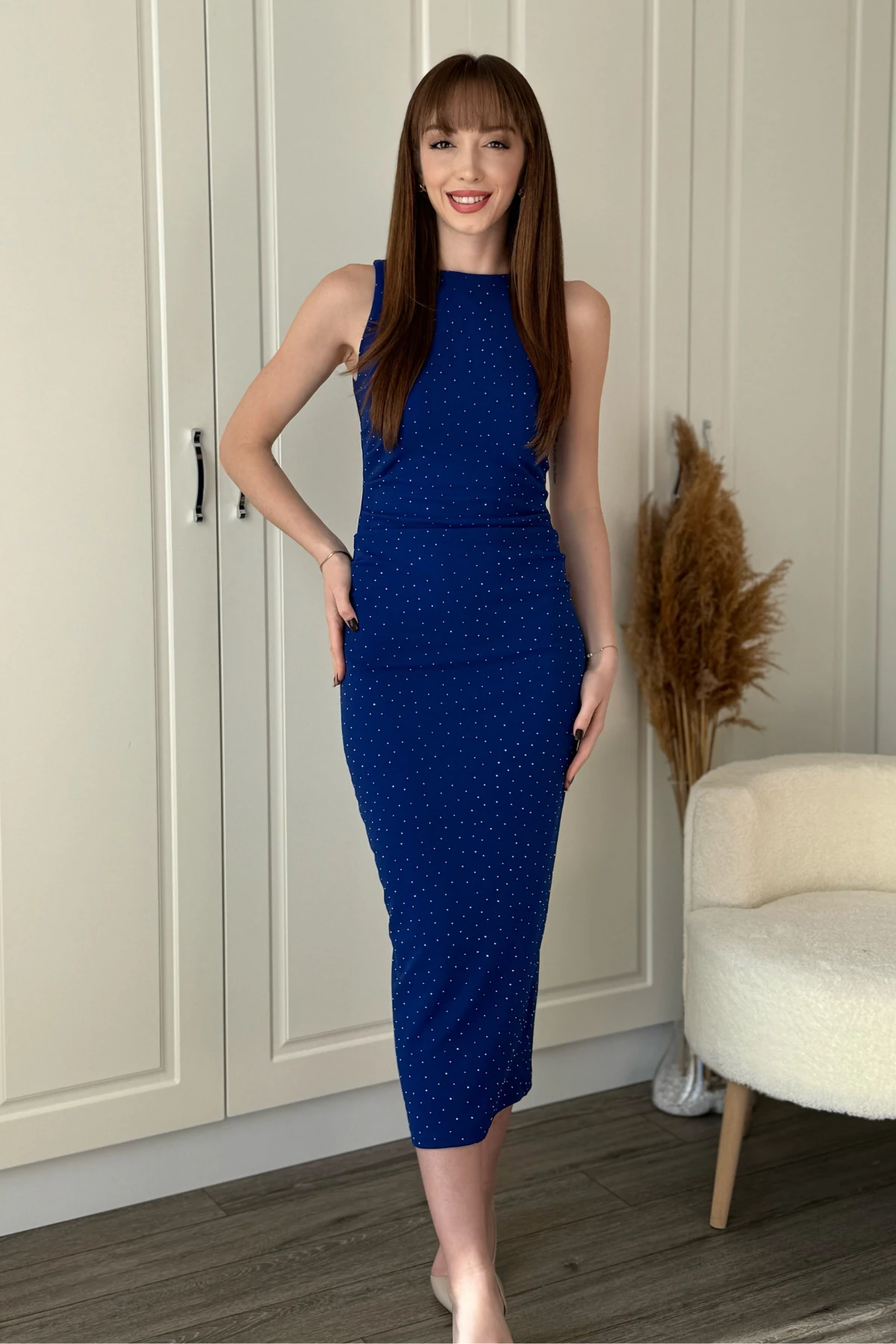 Drapeli Taşlı Midi Elbise