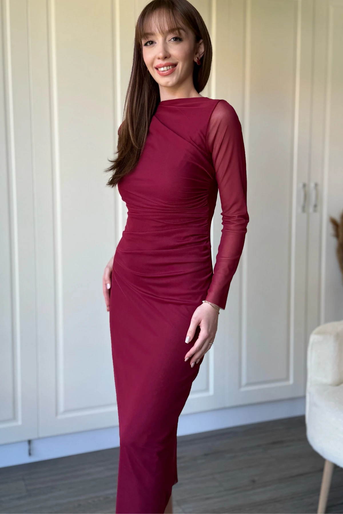 Drapeli Uzun Kollu Bordo Tül Elbise