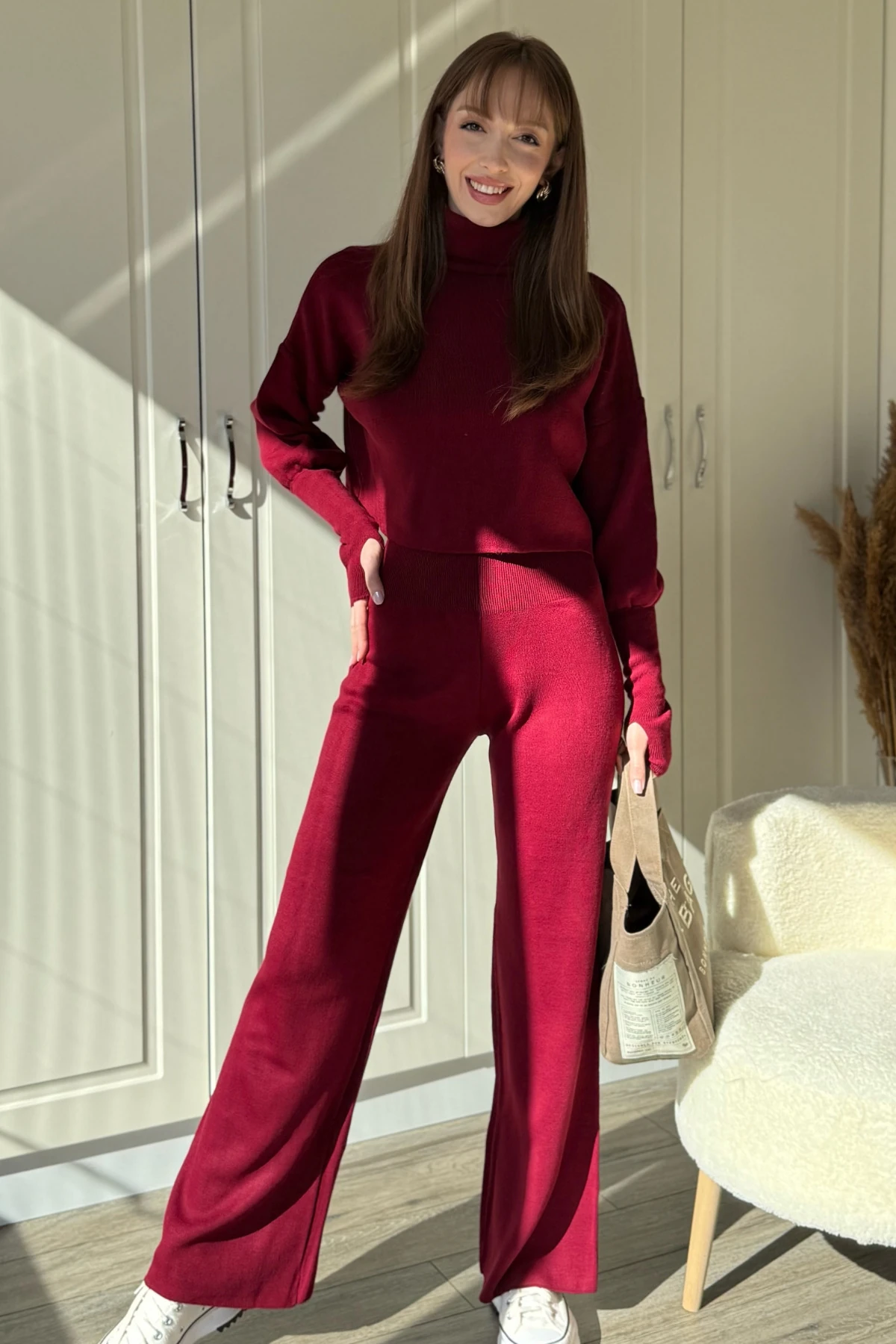 Boğazlı Kol Geçmeli Triko Bordo Takım