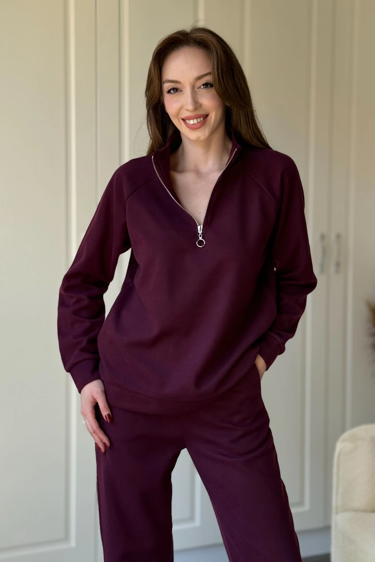 Fermuarlı Dik Yaka Selanik Kumaş Sweatshirt Takım