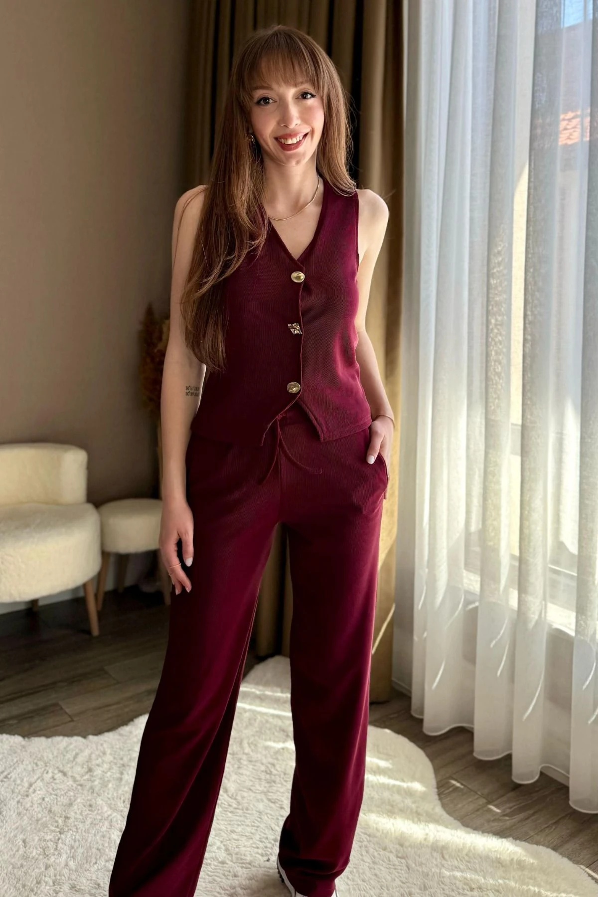 Ottoman Kumaş Gold Düğmeli Bluz Yelek