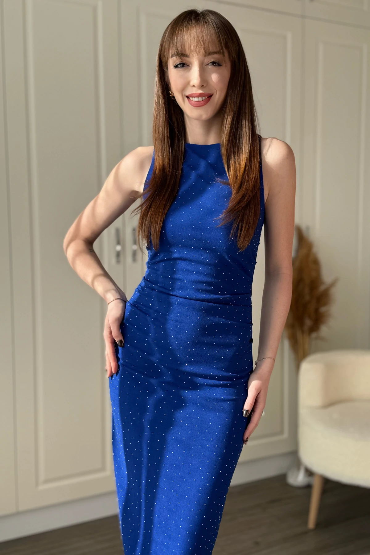 Drapeli Taşlı Midi Elbise