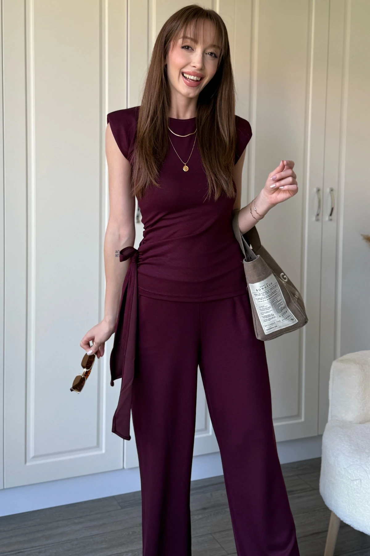 Bağlama Detaylı Vatkalı Pantolon Bluz Bordo Takım