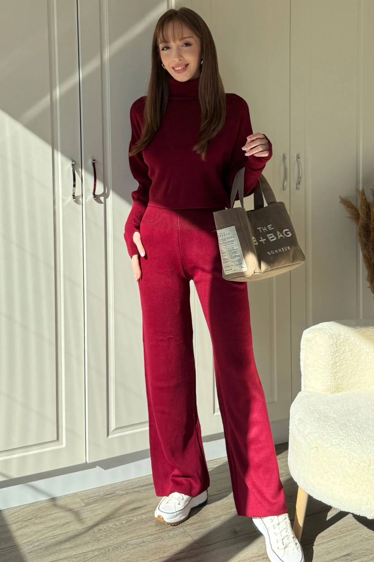 Boğazlı Kol Geçmeli Triko Bordo Takım