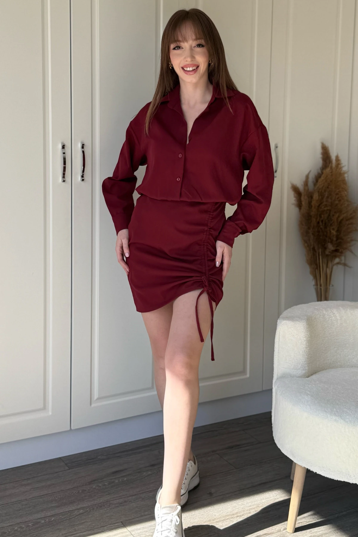 Eteği Ayarlanabilir Büzgülü Bordo Gömlek Elbise