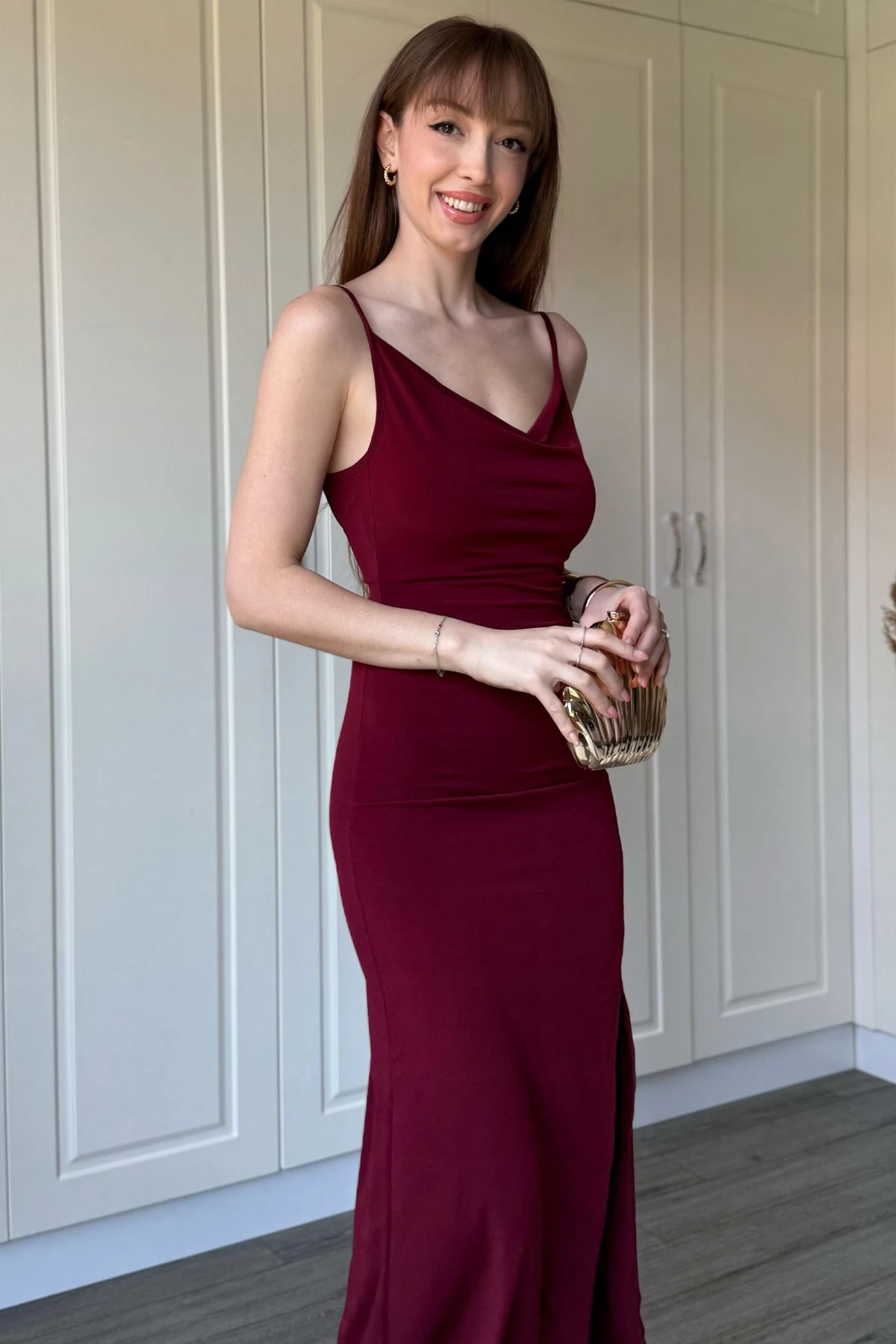 Sandy Kumaş Degaje Yaka  Uzun Elbise