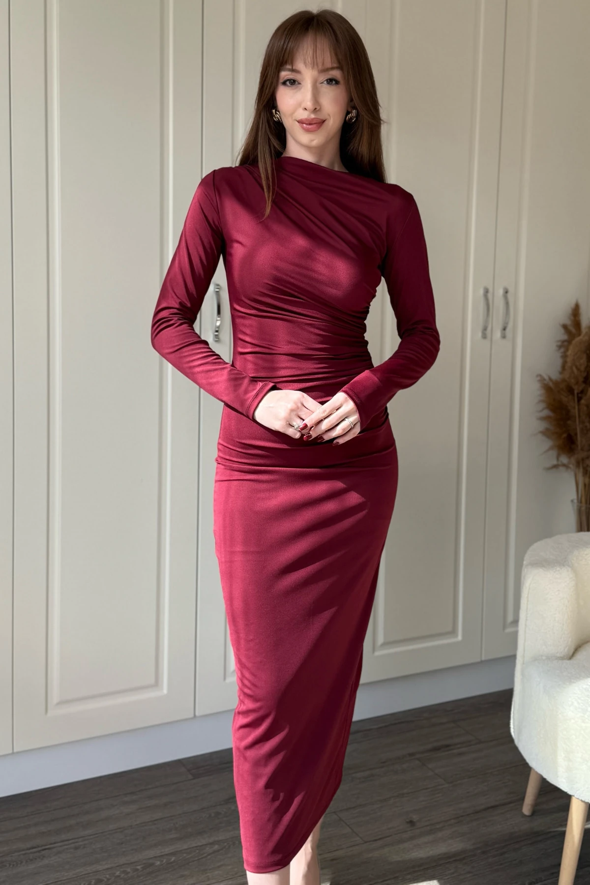 Zarif Drapeli Uzun Kollu Midi Bordo Elbise