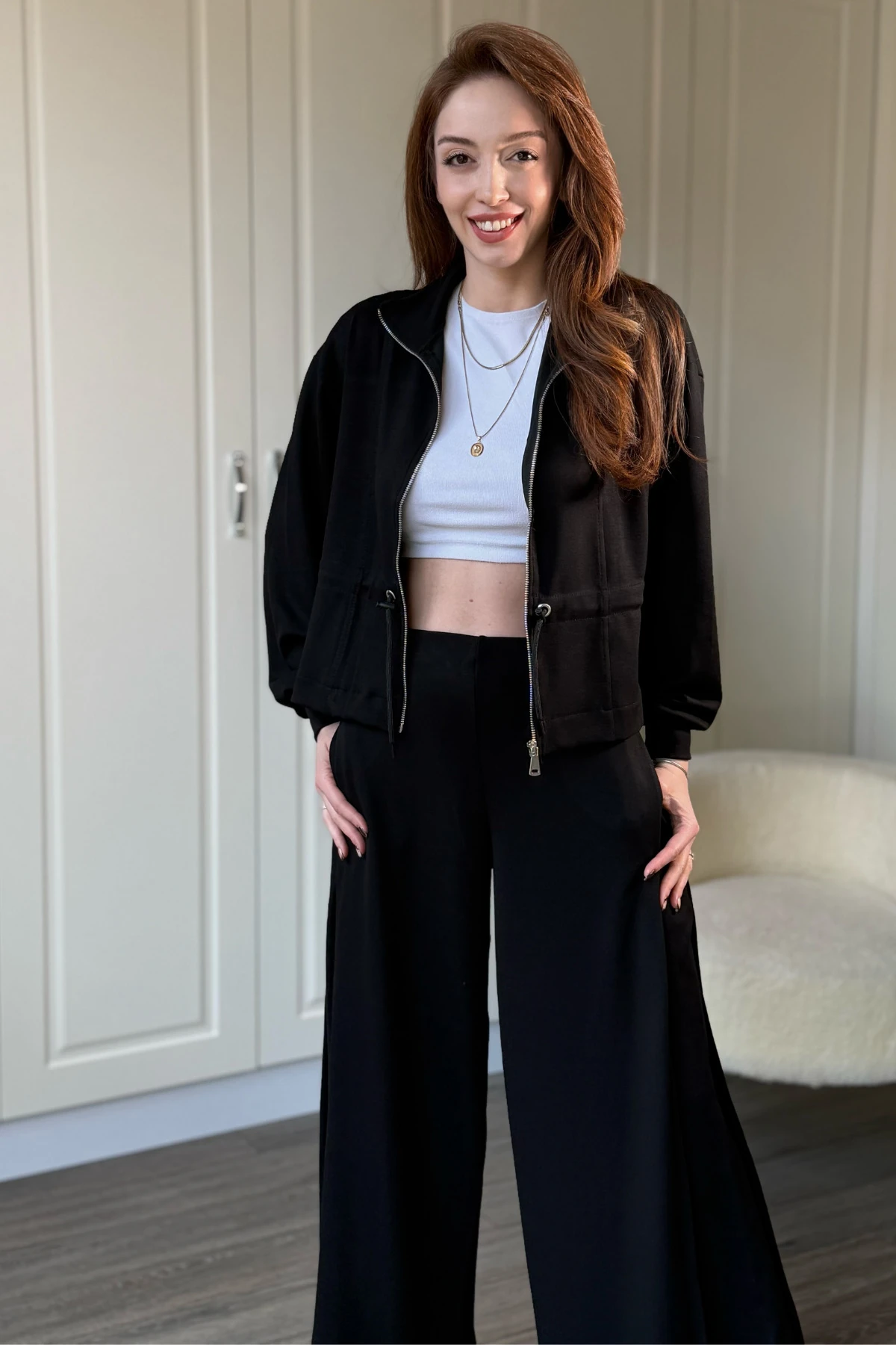 Modal Kumaş Bol Paça Bel Büzgü Detaylı Hırka Pantolon Takım