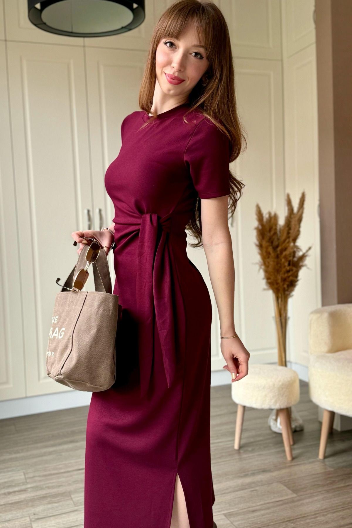 Bağlamalı Bordo Midi Modal Elbise
