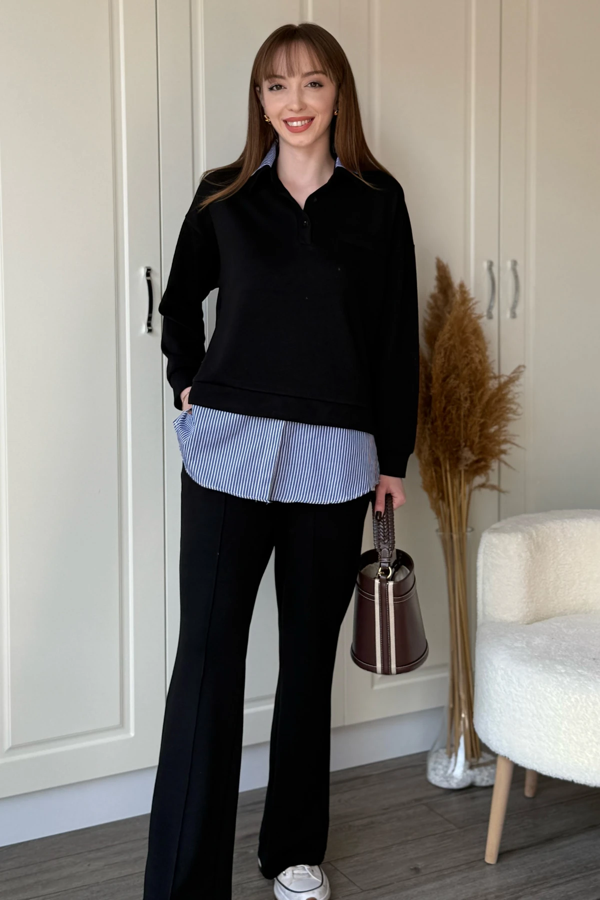 Gömlek Detaylı Polo Yaka Düğmeli Pantolon Takım