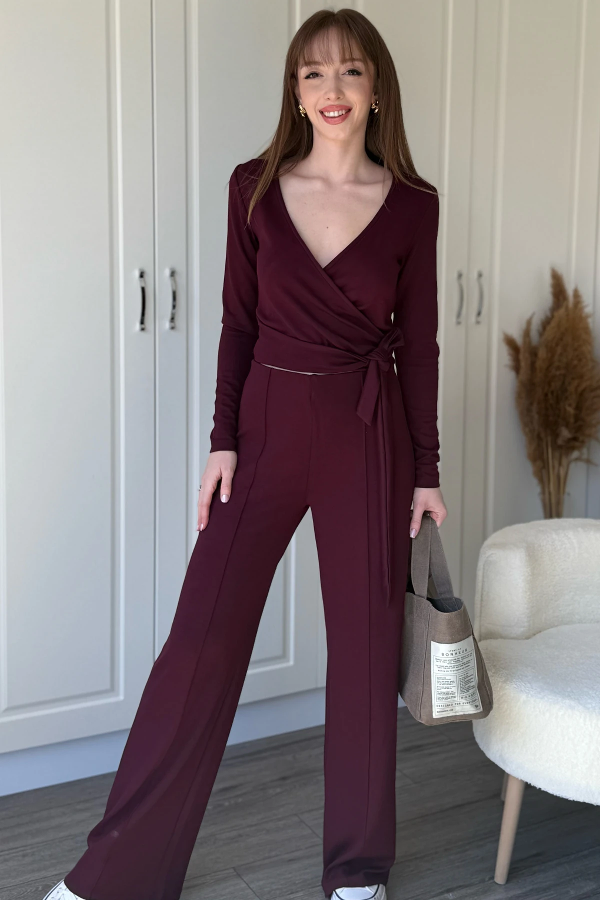 Modal Kumaş Bel Bağlamalı Alt Üst Bordo Takım