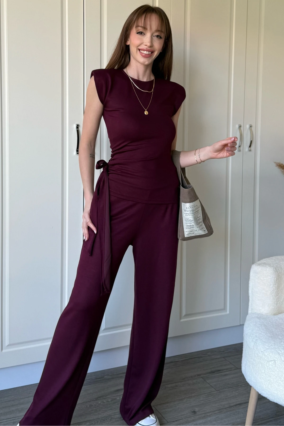 Bağlama Detaylı Vatkalı Pantolon Bluz Bordo Takım