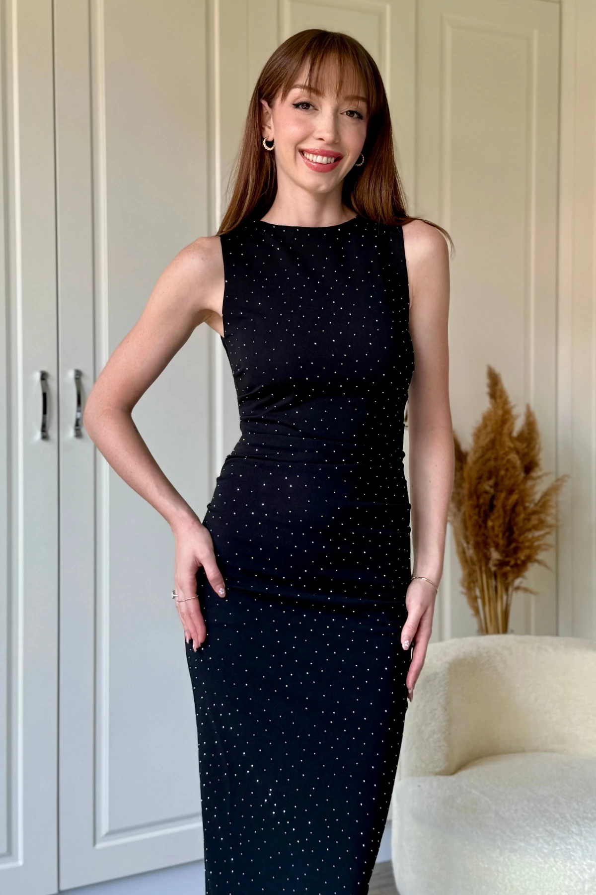 Drapeli Taşlı Midi Siyah Elbise