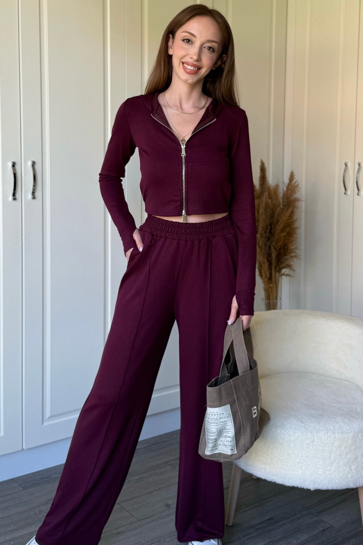 Kapüşonlu Fermuarlı Bordo Crop Hırka Modal Kumaş Takım