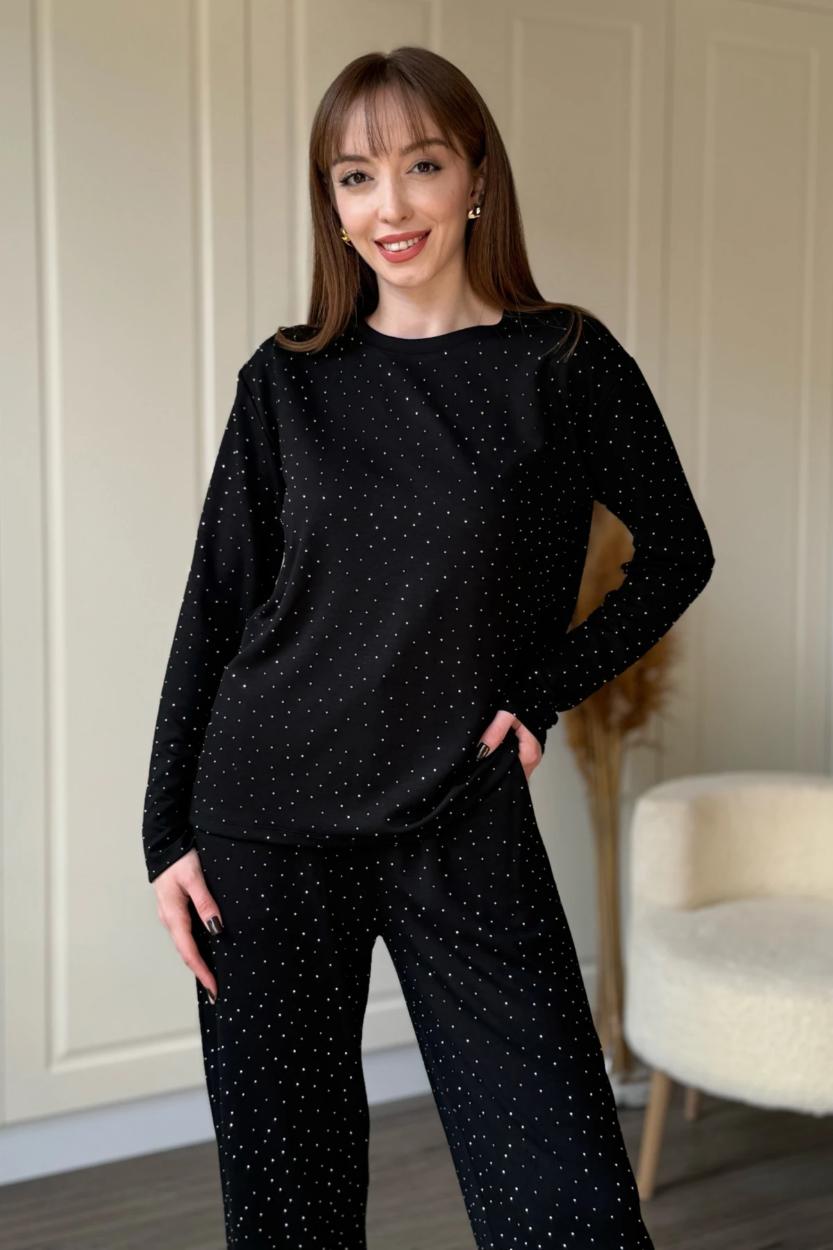 Taşlı Modal Sweatshirt Takım