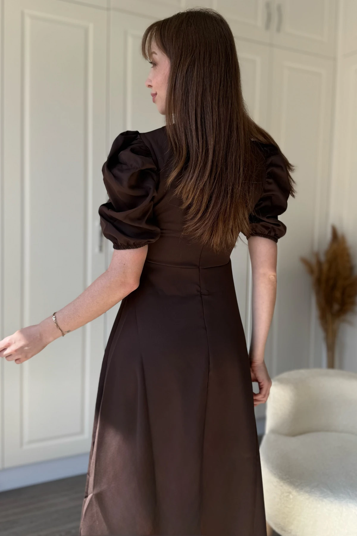 Balon Kol Midi Kahverengi Midi Elbise