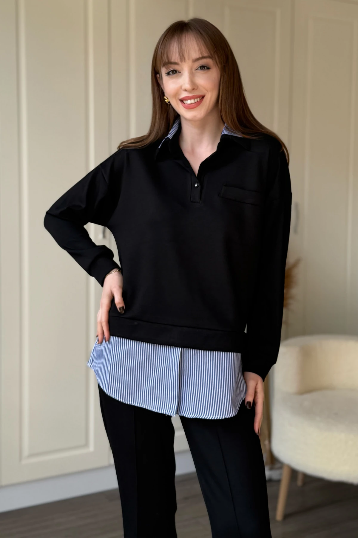 Gömlek Detaylı Polo Yaka Düğmeli Pantolon Takım