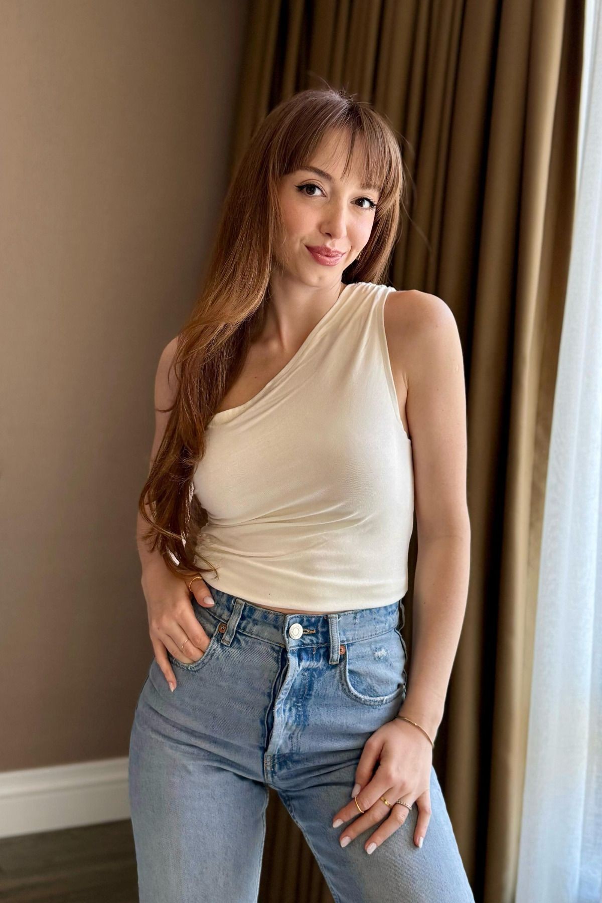 Tek Omuz Ribana Beyaz Crop Body