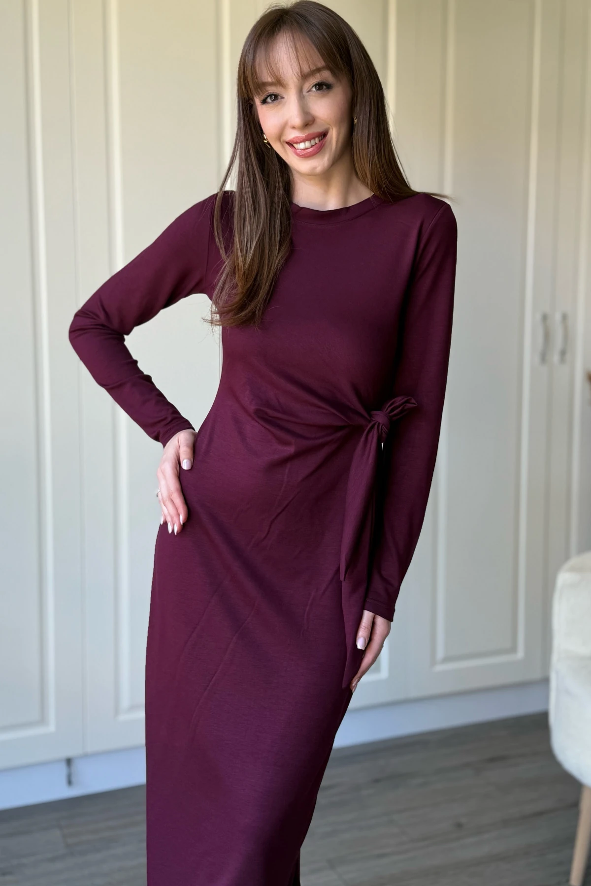 Bağlamalı Modal Uzun Kollu Midi Bordo Elbise