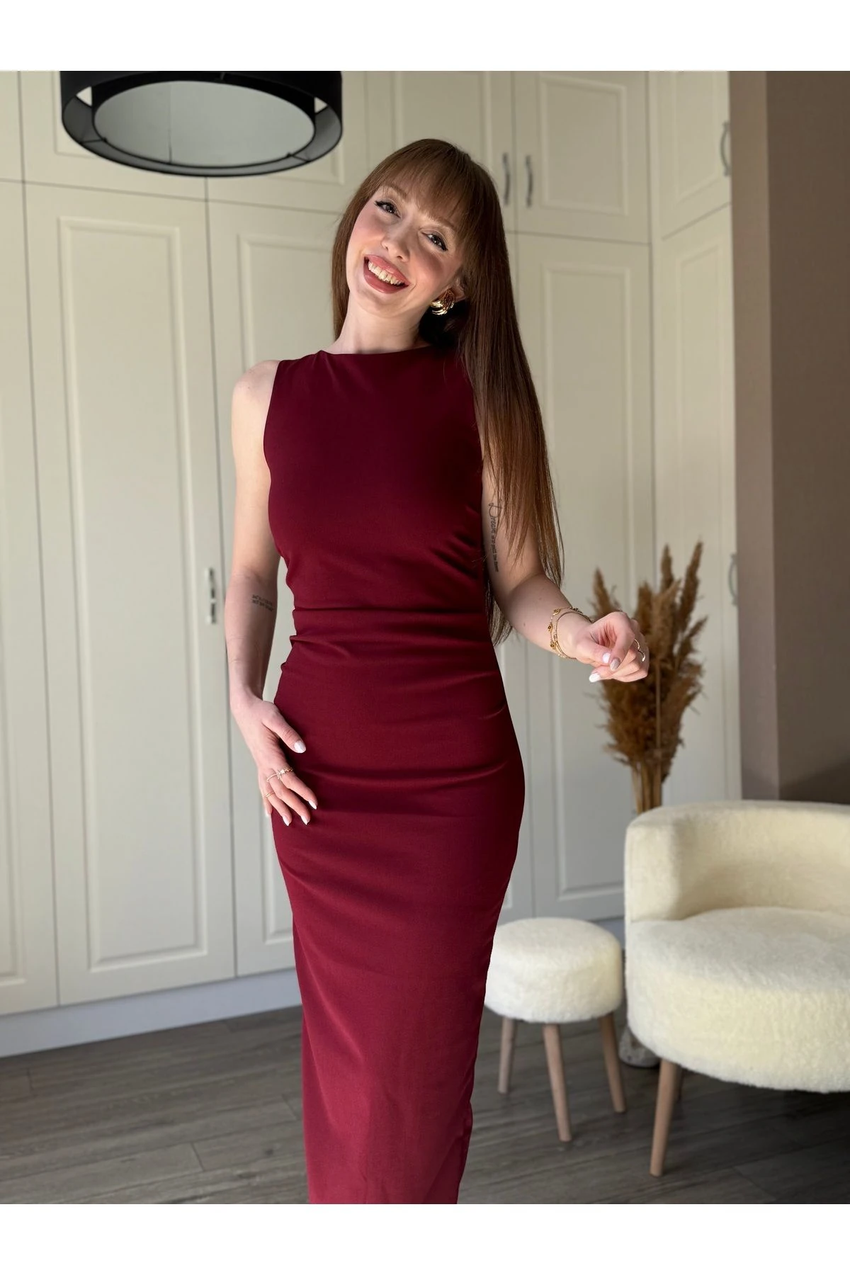 Drapeli Midi Askılı Sırt Detaylı Elbise