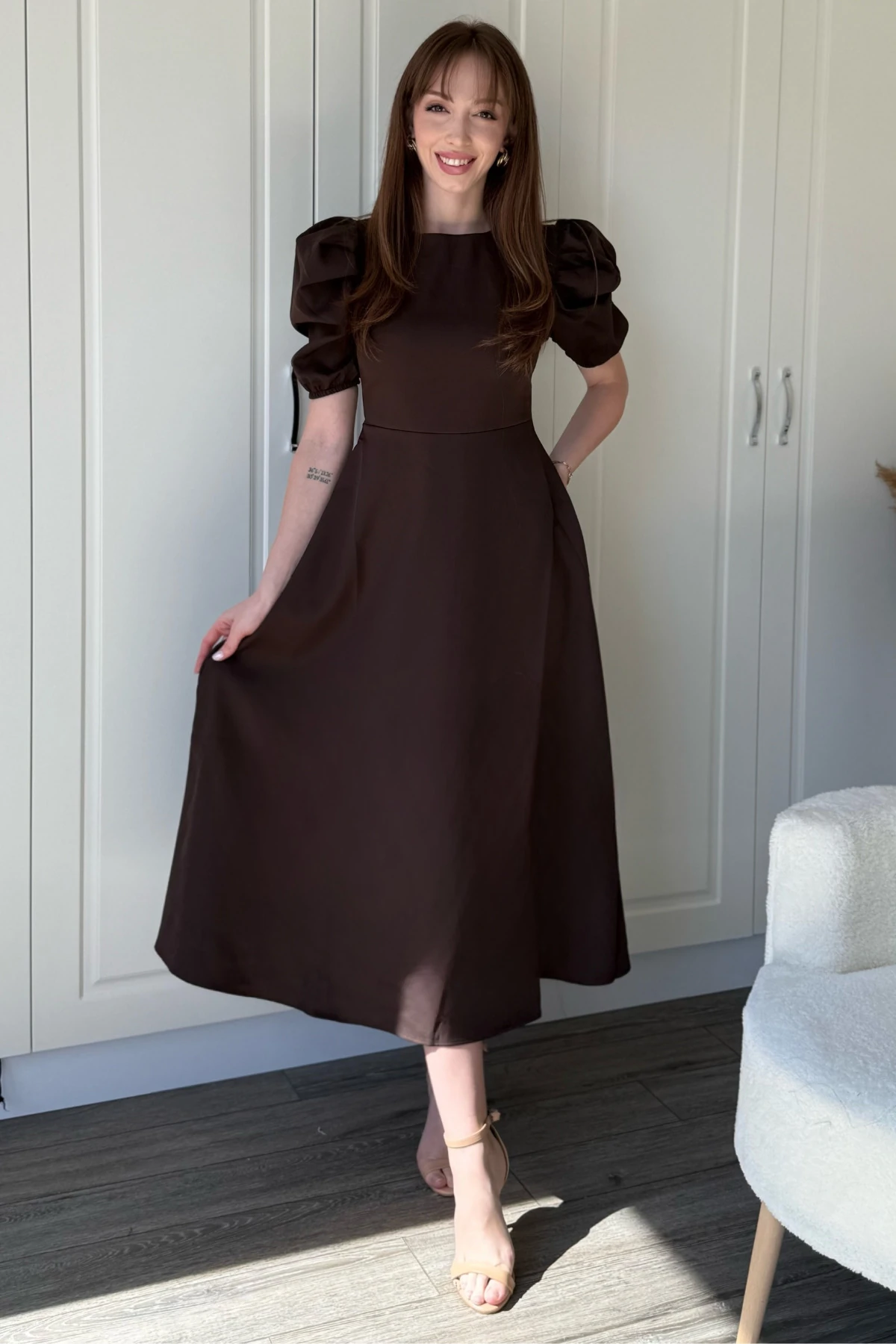 Balon Kol Midi Kahverengi Midi Elbise