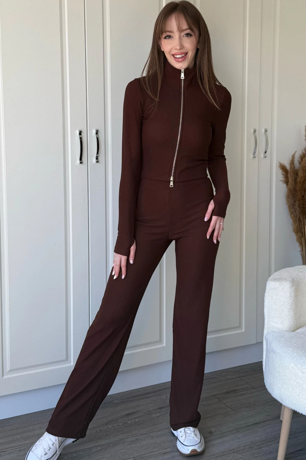 Fermuarlı Dik Yaka Ribana Kumaş Hırka Pantolon Takım