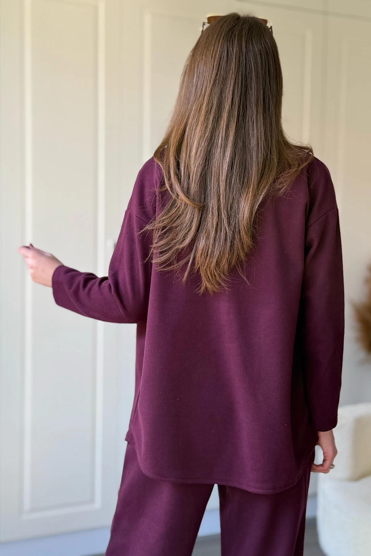 Düğmeli Uzun Kollu Selanik Kumaş Bordo Gömlek Takım