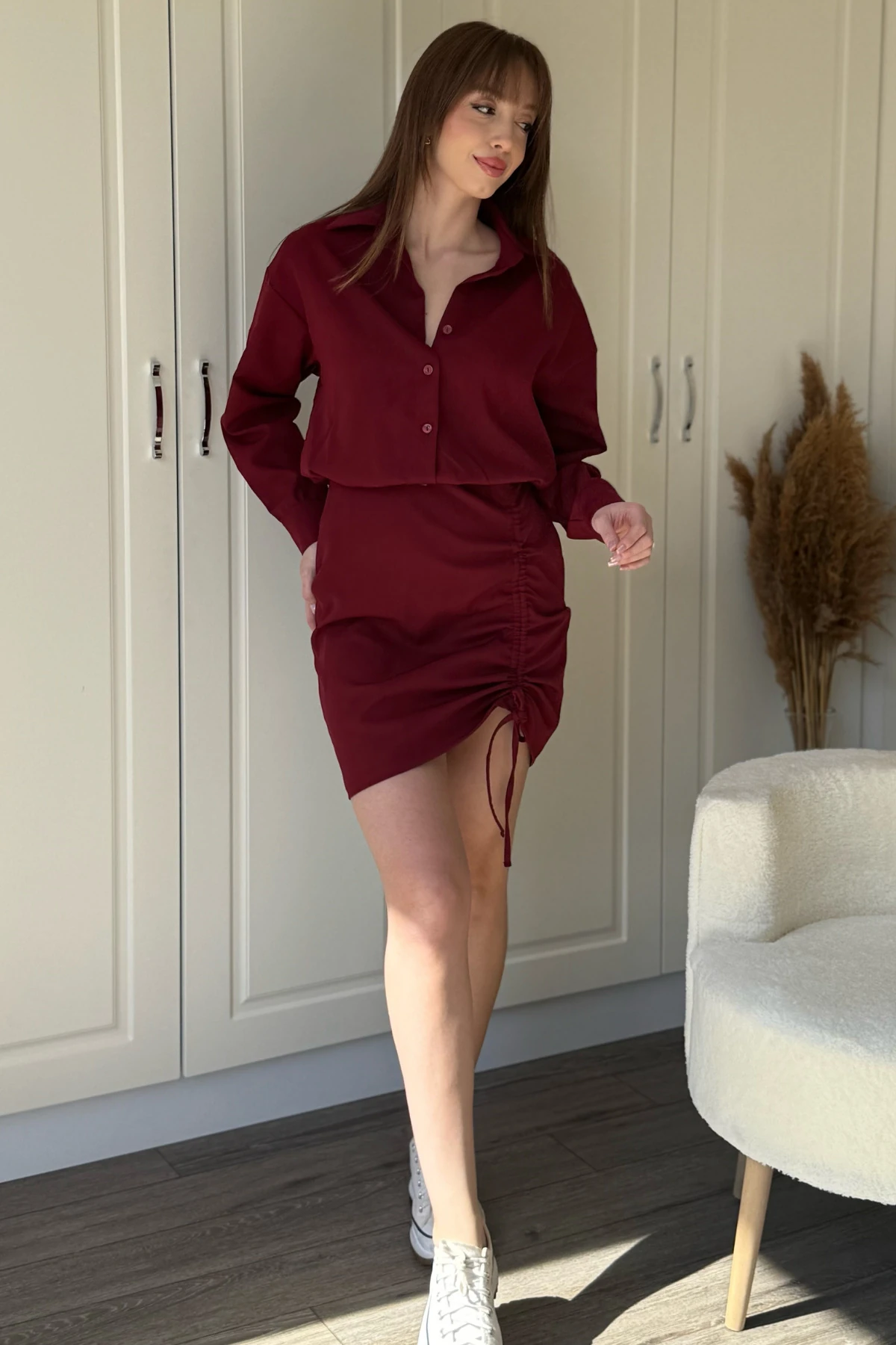 Eteği Ayarlanabilir Büzgülü Bordo Gömlek Elbise
