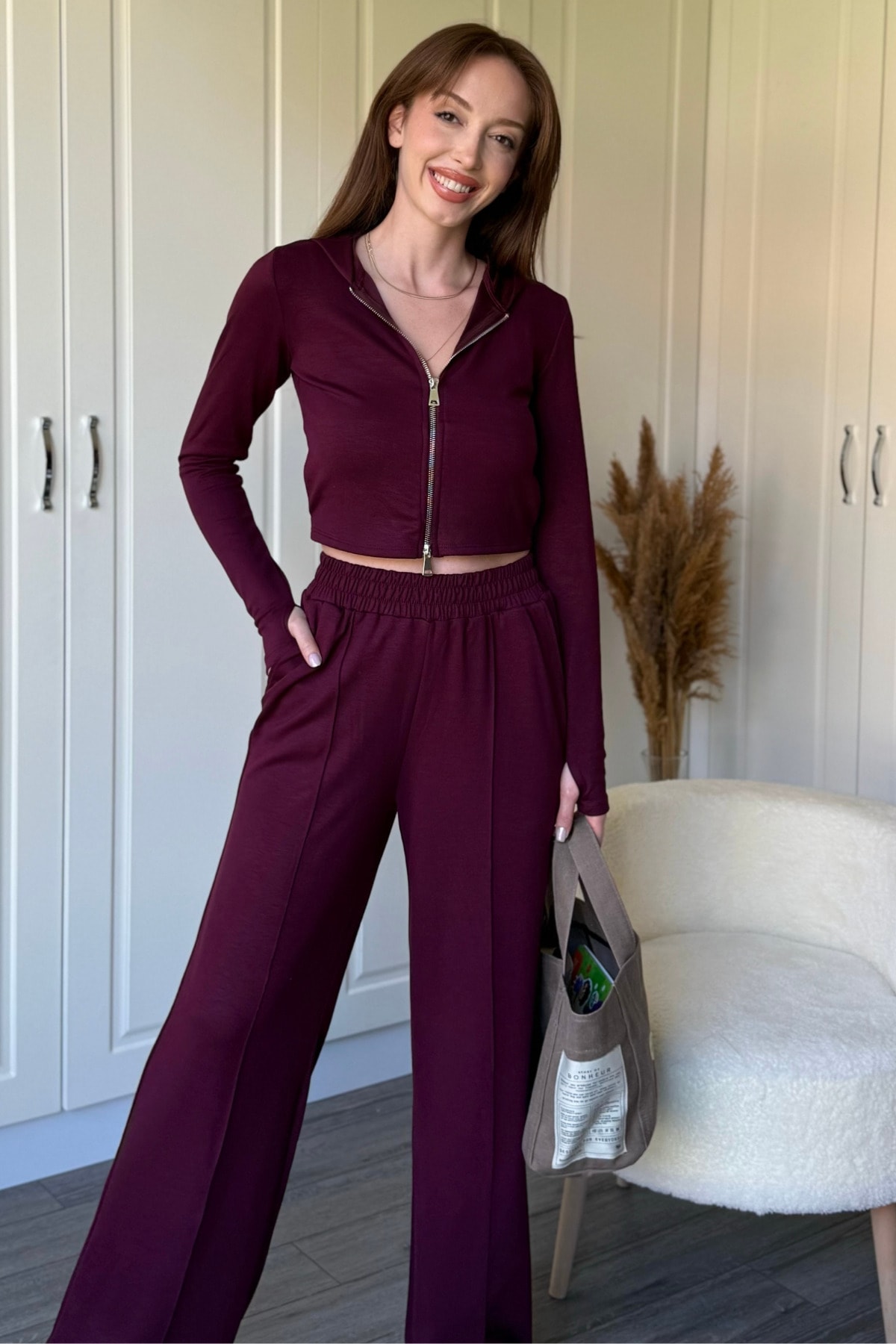 Kapüşonlu Fermuarlı Bordo Crop Hırka Modal Kumaş Takım