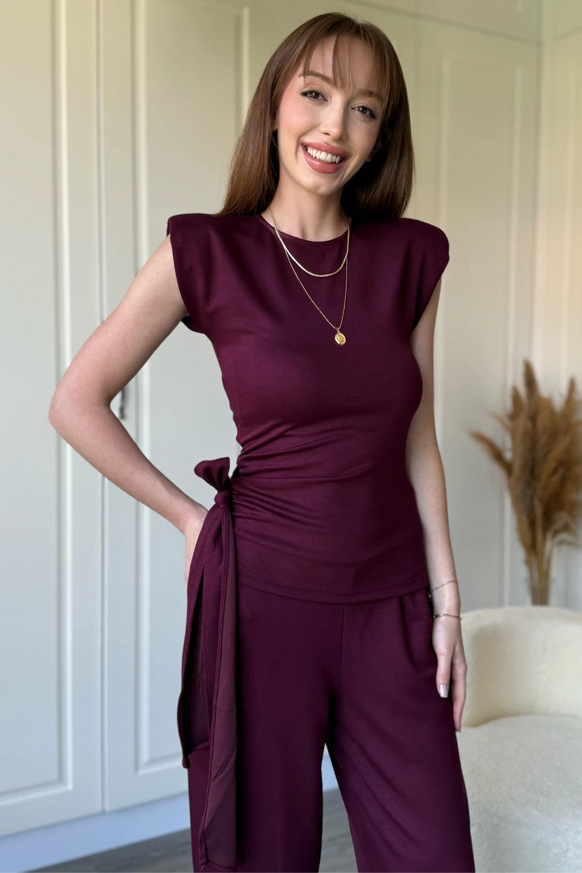 Bağlama Detaylı Vatkalı Pantolon Bluz Bordo Takım