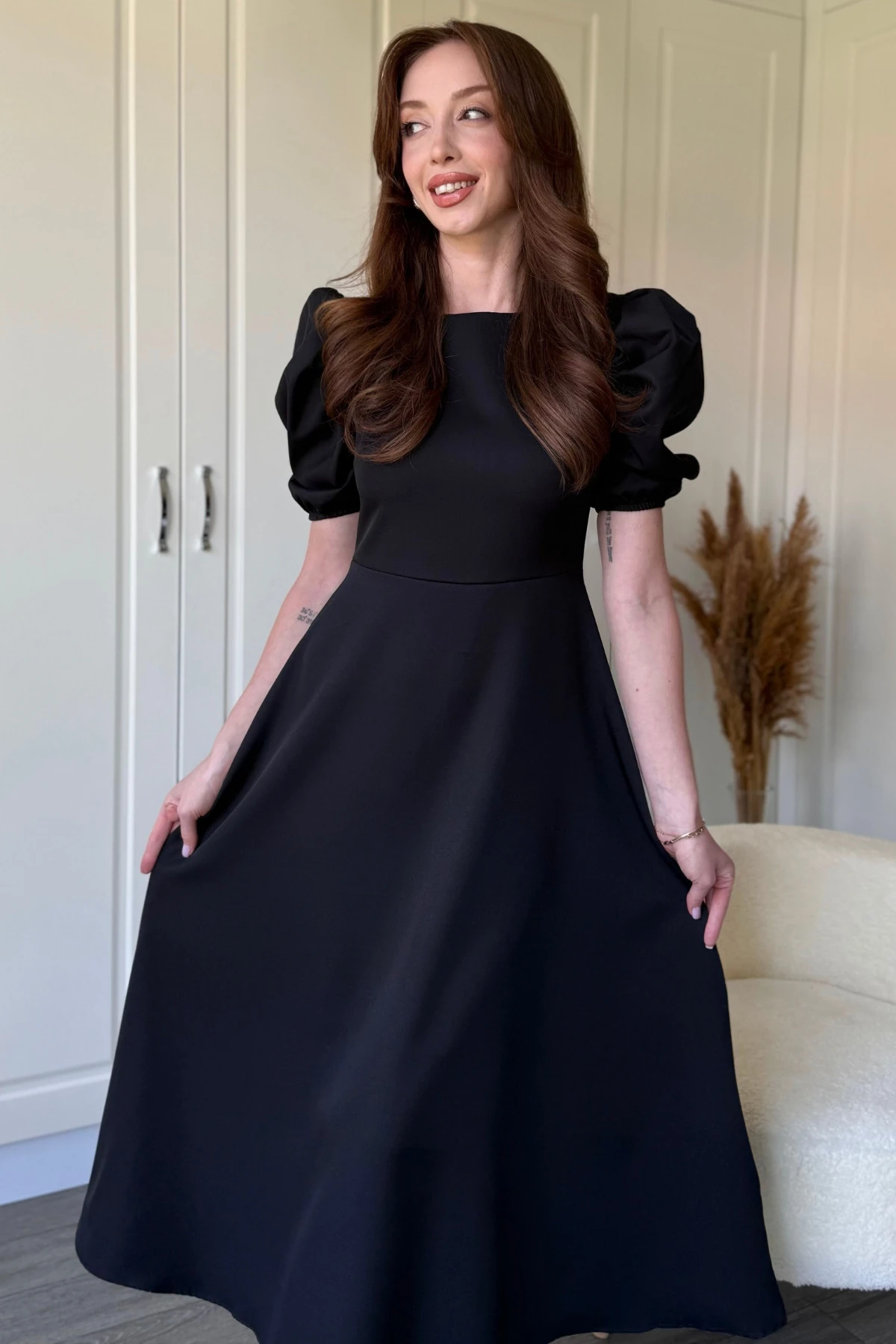 Balon Kol Midi Kırmızı Elbise