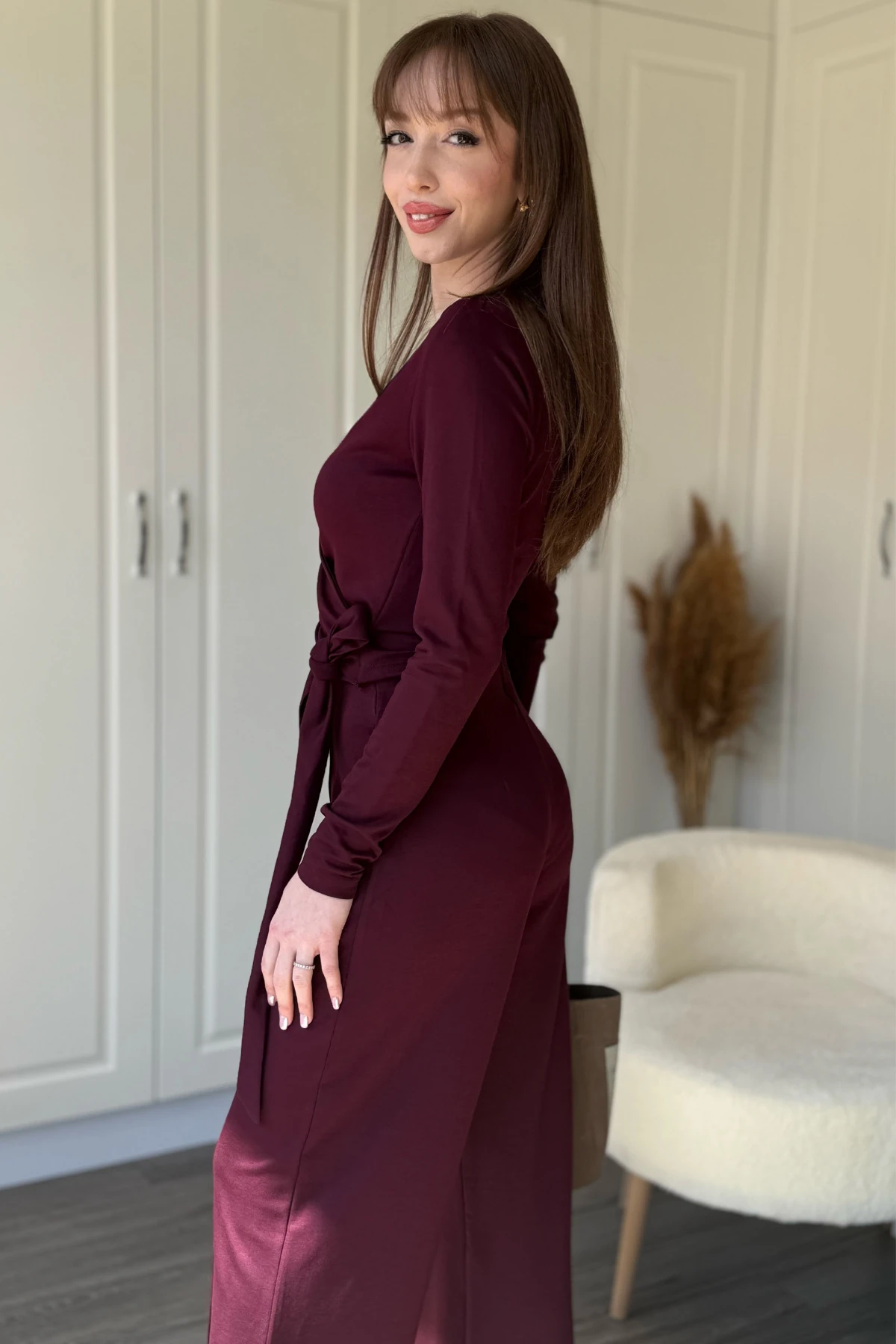 Modal Kumaş Bel Bağlamalı Alt Üst Bordo Takım