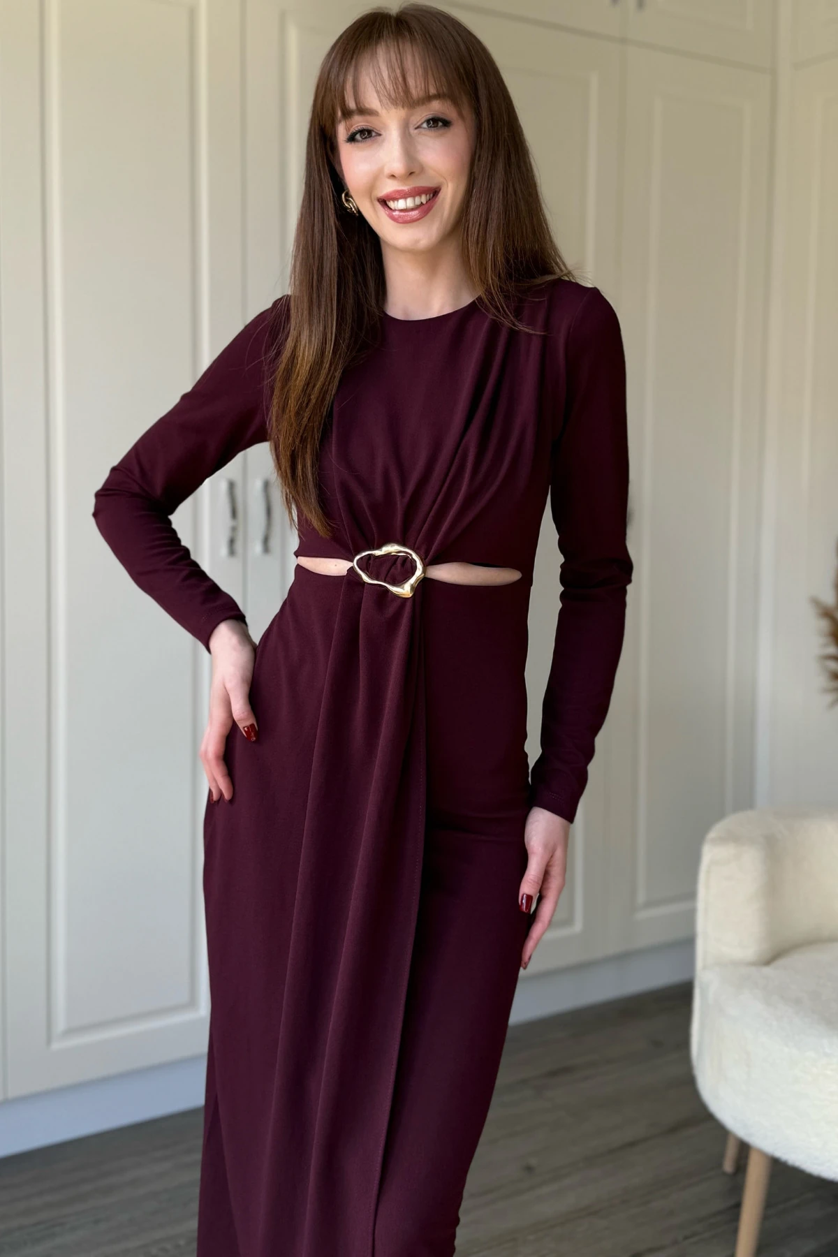 Bel Detaylı Uzun Kollu Midi Bordo Elbise