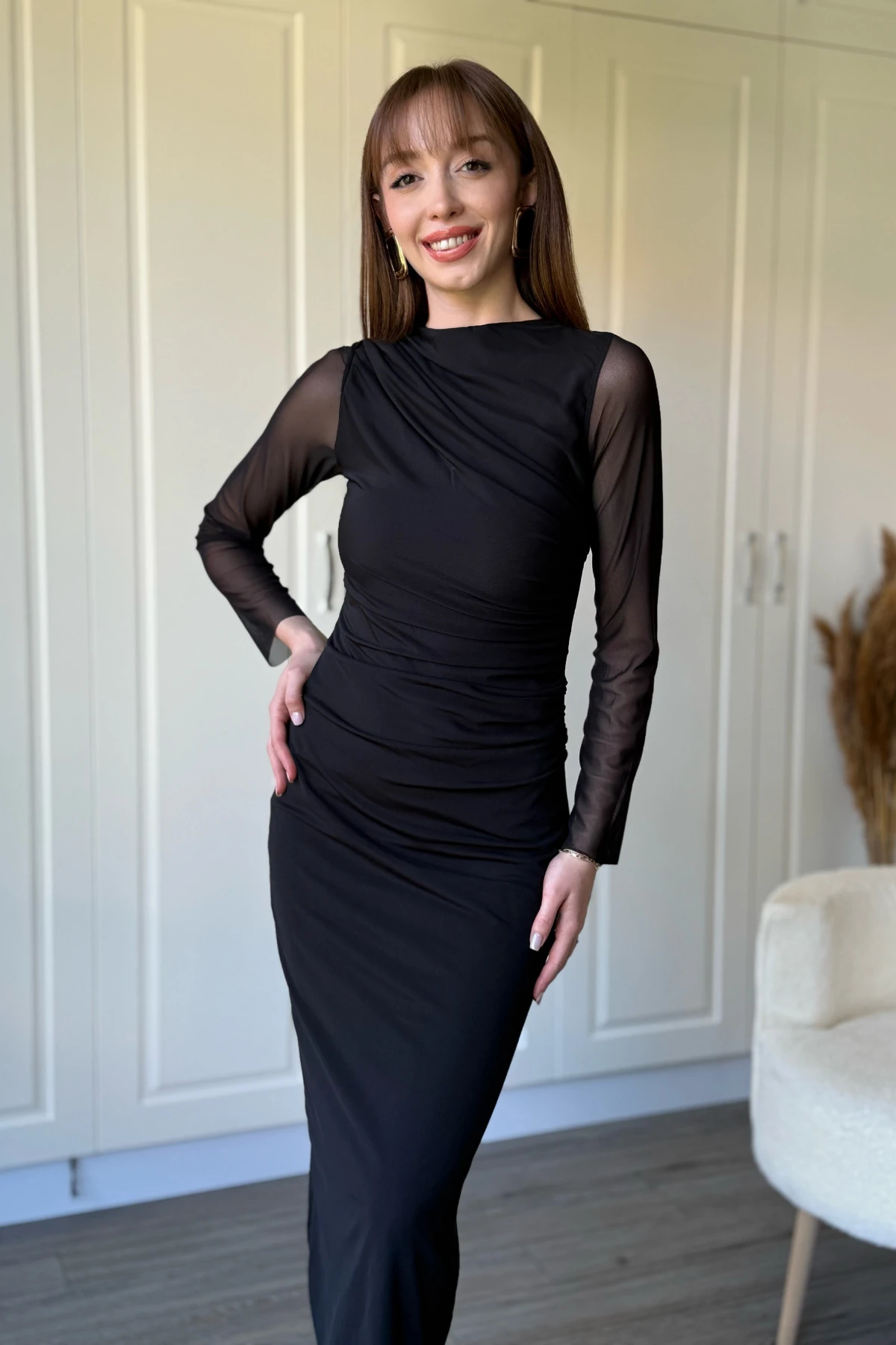 Drapeli Uzun Kollu Siyah Tül Elbise