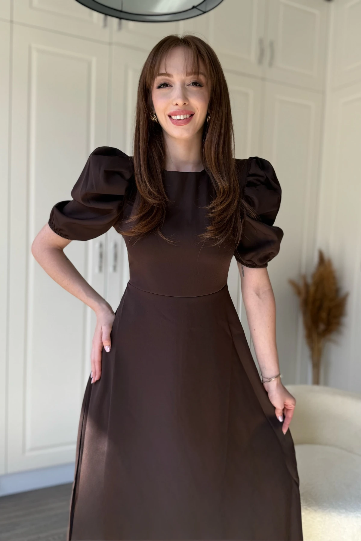 Balon Kol Midi Kahverengi Midi Elbise