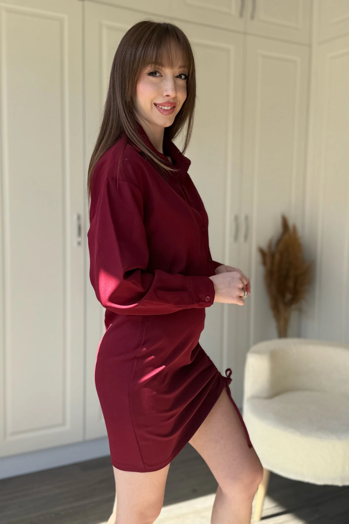 Eteği Ayarlanabilir Büzgülü Bordo Gömlek Elbise