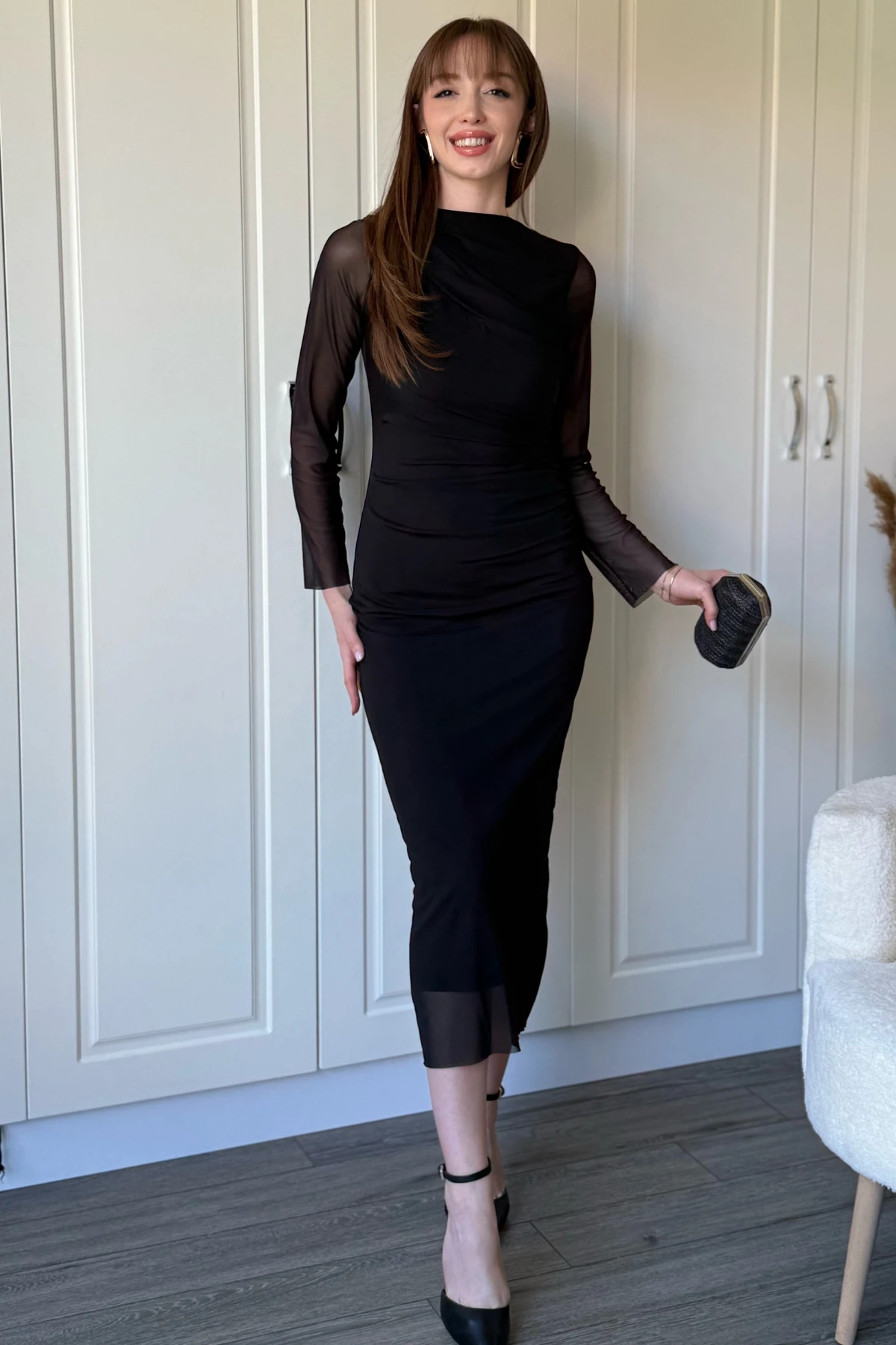 Drapeli Uzun Kollu Siyah Tül Elbise