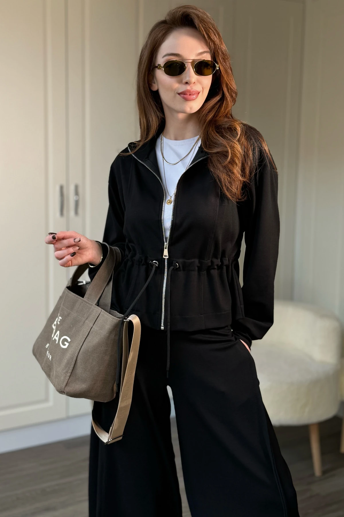 Modal Kumaş Bol Paça Bel Büzgü Detaylı Hırka Pantolon Takım